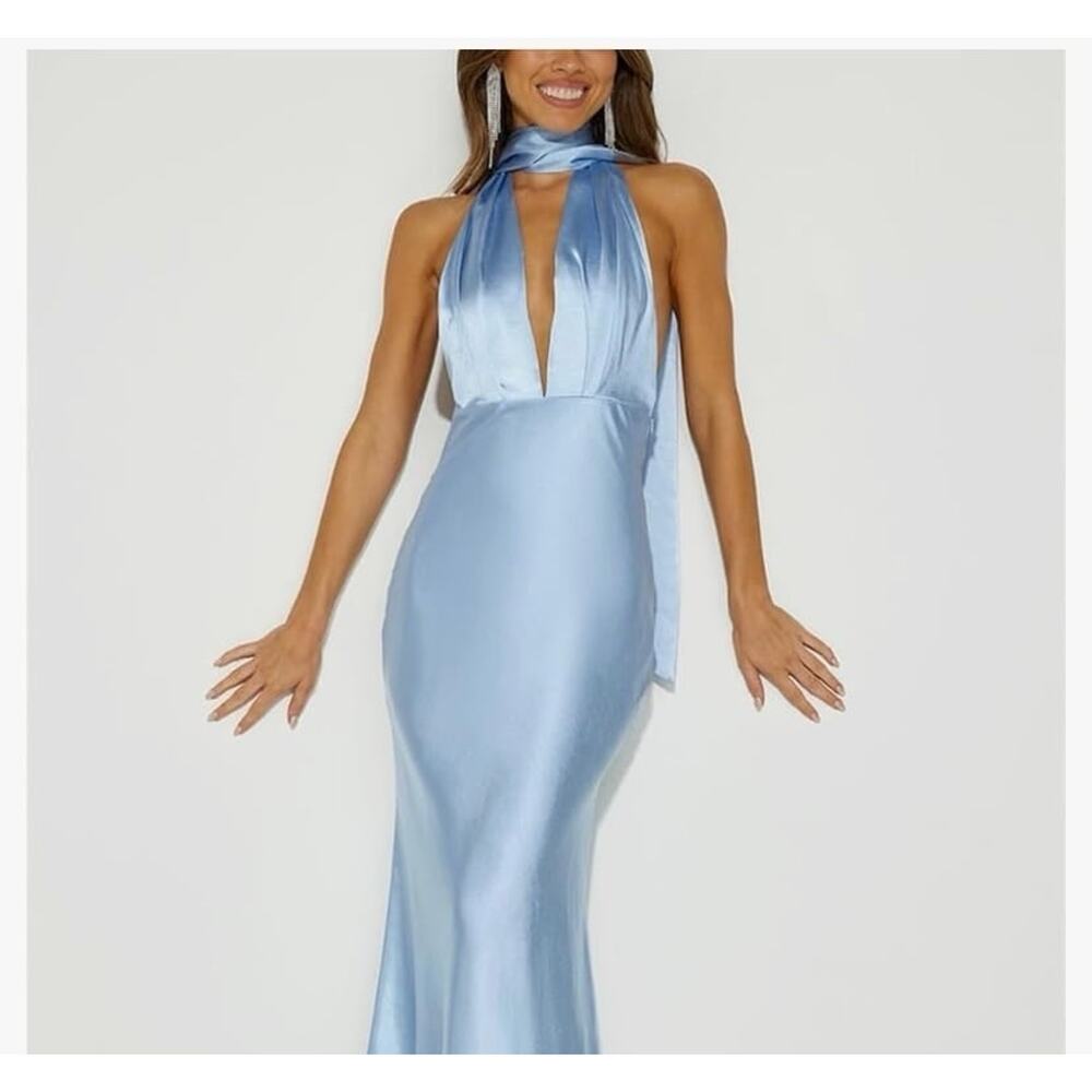 Satin Halter V Neck Scarf Maxi Dress